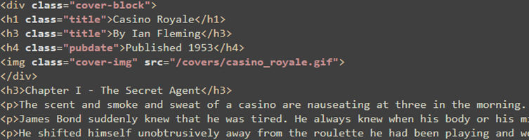 The HTML markdown of a book after being formatted.