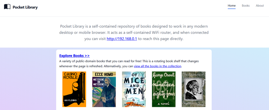 The homepage shown when connecting to the pocket library with a random selection of books.