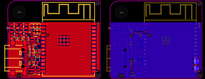The EDA view of the front and back of the PCB showing components, traces, and pours.