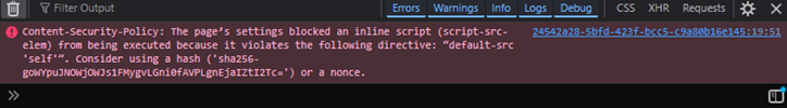 An error in a Firefox console showing the CSP blocking an inline script.