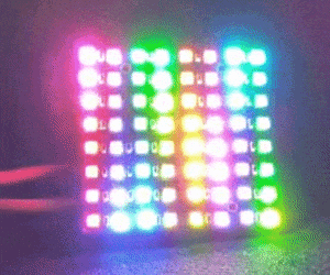 A gif showing a the array displaying a moving rainbow RGB palette.